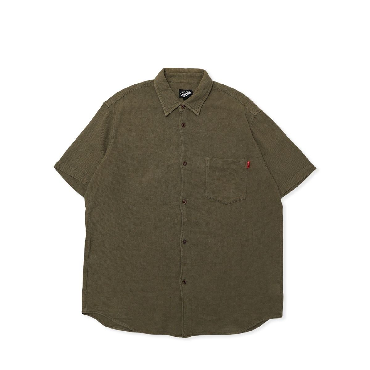 ゴールデンウィークセール　【激レア】美品　STUSSY コットンスタジ Stussy Navy-Tag Made in USA S/S Shirts OLIVE / STS2118 | MFC STORE